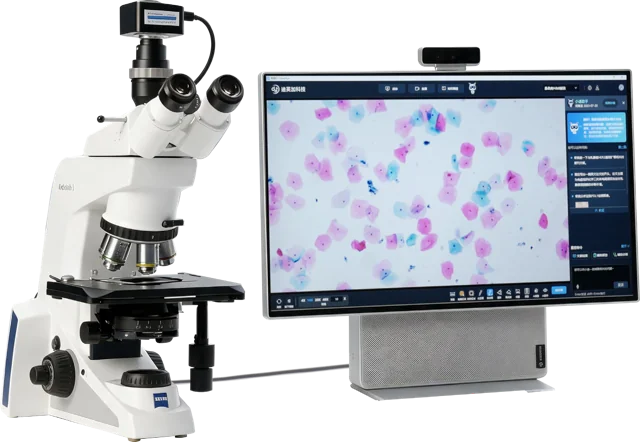 مثال لإعداد D-CleverEye يضم مجهرًا وشاشة